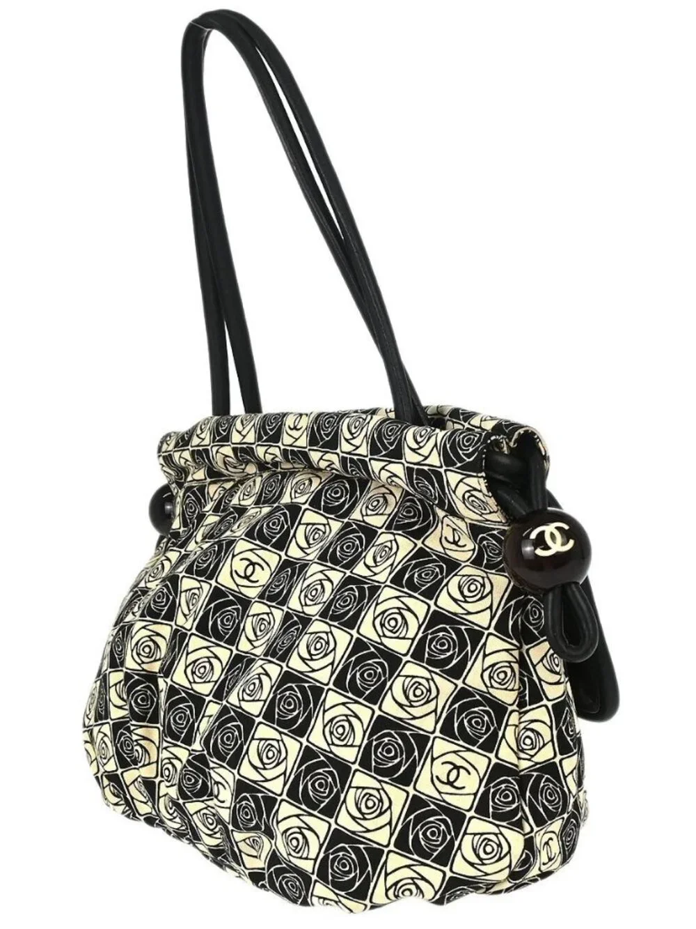Chanel Black Beige Canvas Coco Ball Camellia Tote Handbag 197275